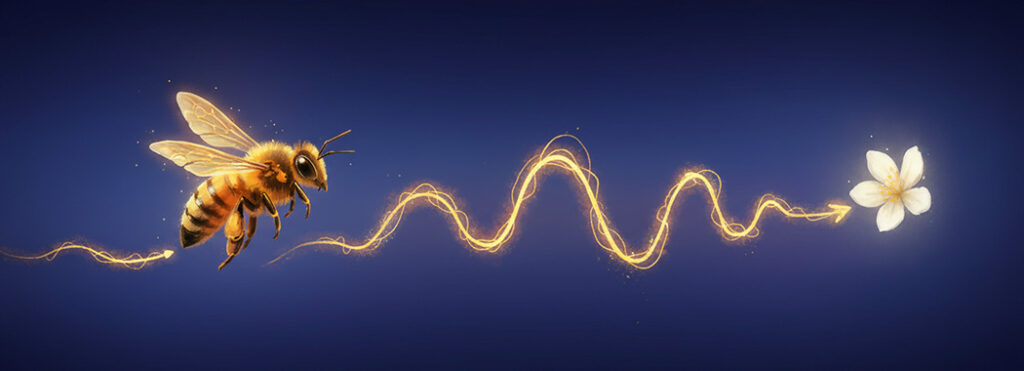 Illustration of a honey bee mid-flight with a winding golden glowing path behind it like a neural pathway against deep pre-dawn indigo toward a luminous white bloom