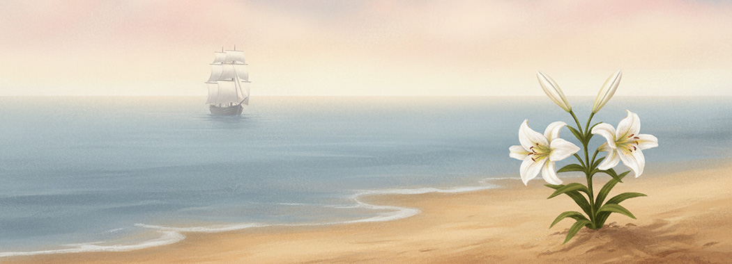Illustration of a distant ship sailing away on misty blue-gray sea with a vivid white Easter lily blooming in the warm sand foreground under pink morning sky