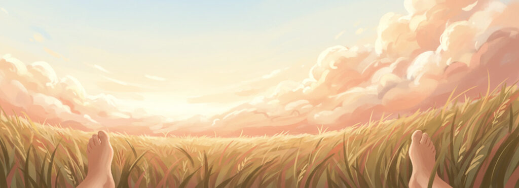 Warm ground-level illustration looking upward from bare feet and grass through peach and blush into a luminous gold and pale blue sky