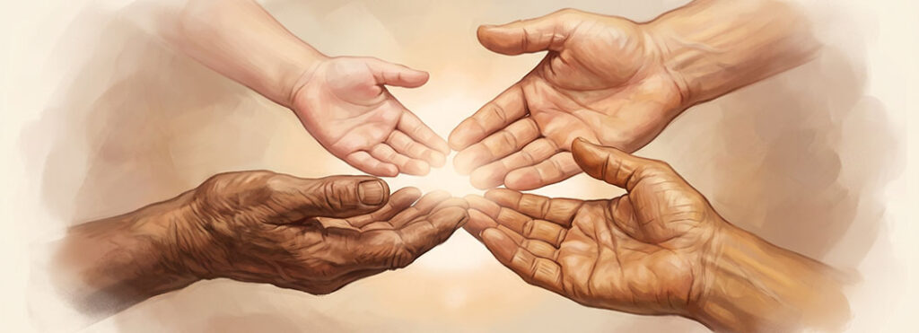 Close illustration of four hands of different ages in warm amber, soft cream, honey-cream, and deep umber reaching inward palms upward toward a central pool of warm white-gold light, against soft dove-cream atmosphere