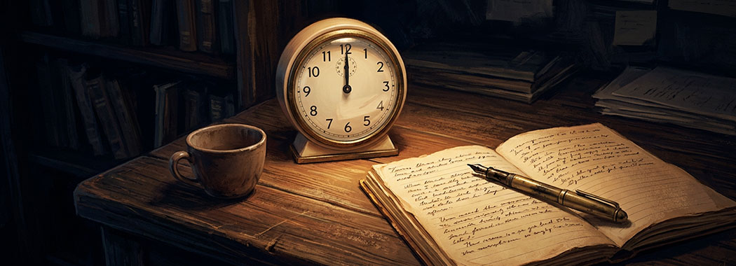 Close illustration of a small warm cream analog clock face showing twelve with deep ink-black numerals on a weathered chestnut writing desk beside a soft honey-cream open notebook with sepia handwriting and a brass pen, a cocoa-brown empty coffee cup nearby, in a warm honey-amber lamp pool against deep midnight-navy late-night darkness