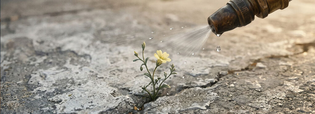 Close illustration of a small wildflower-style weed with a soft pale primrose-yellow bloom growing through a crack in weathered cool gray and concrete-white concrete, with the suggestion of a weathered brass garden sprayer nozzle and a faint silver-white blur of suspended droplets in the upper edge of the frame, in warm honey-amber afternoon light