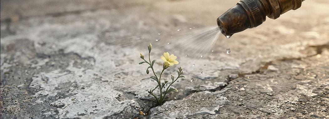 Close illustration of a small wildflower-style weed with a soft pale primrose-yellow bloom growing through a crack in weathered cool gray and concrete-white concrete, with the suggestion of a weathered brass garden sprayer nozzle and a faint silver-white blur of suspended droplets in the upper edge of the frame, in warm honey-amber afternoon light