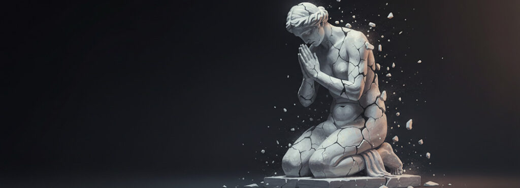 Dramatic illustration of a classical marble statue crumbling to its knees in reverence with a faint rose-gold glow at the frame's edge