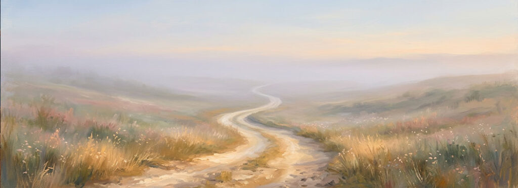 Spare illustration of a single open wheat-gold and dusty cream path stretching away from the viewer through a soft hazy landscape with faint sage-green and dusty rose grasses, dissolving into pale silver mist in the middle distance under a pale dove-blue and warm peach sky
