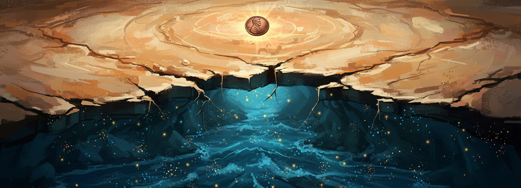 Split-level illustration of a warm surface with a glowing penny above a dark underground river carrying points of gold and blue light through a connecting fissure