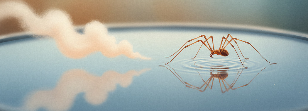 Delicate illustration of a tiny amber daddy longlegs mid-step on a silver-blue mirror surface with a soft breath-wisp approaching from one side