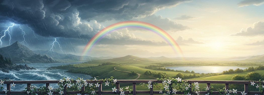 Dramatic panoramic illustration of a weather cycle from lightning and dark storm through vivid rainbow to golden misty calm, with a garden trellis steady in the foreground