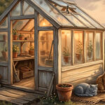 Close illustration of a small weathered driftwood-gray greenhouse with fogged pale silver-blue glass and a warm honey-amber interior glow at the corner of a sage-green garden, with one slate-gray cat curled and one warm caramel-tabby cat watching the horizon in warm peach-amber late-afternoon light