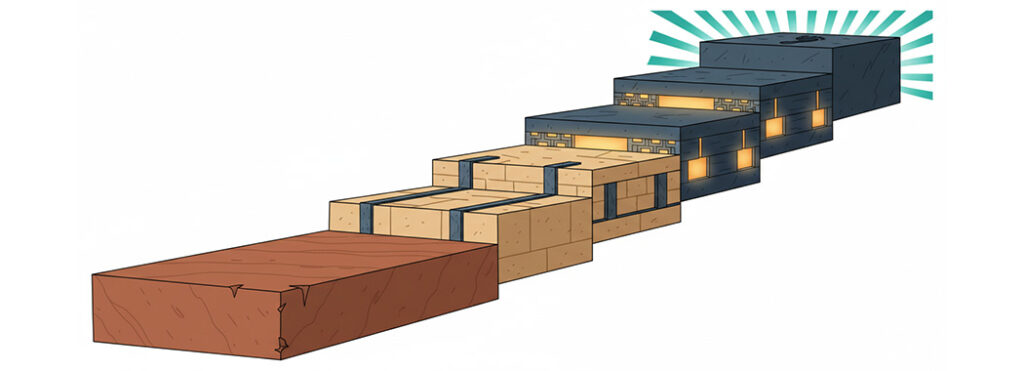 Clean architectural illustration of four ascending platforms from solid sandstone through amber glow to vivid teal radiance with a single footprint at the top