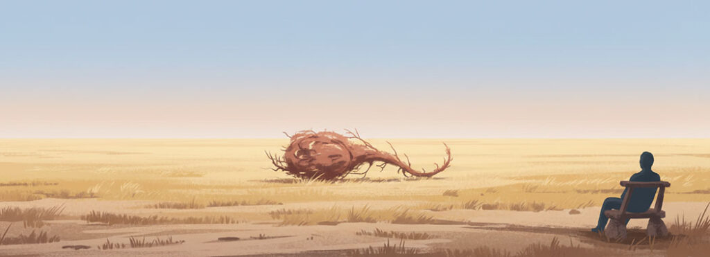 Late-day illustration of a seated slate-gray silhouette watching a burnt umber tumbleweed roll across a sun-bleached dust-gold plain under a vast dove-blue and peach sky