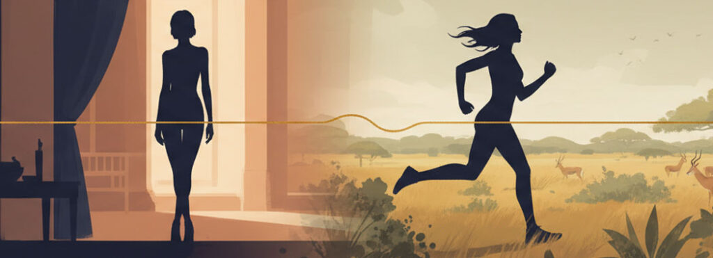 Double-portrait illustration of a feminine silhouette in two modes—poised in a warm interior on the left and mid-stride against a sage outdoor landscape on the right—joined by a horizon line of gold light