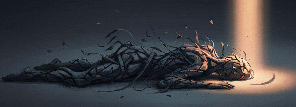 Severe illustration of a tangled figure prostrate on a dark charcoal floor with a single shaft of warm amber and rose-gold light pooling near the upturned face in a faint smile shape