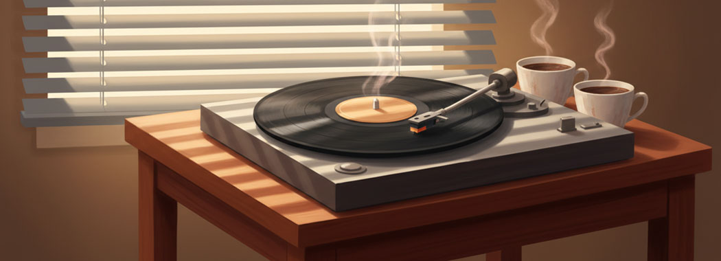 Warm illustration of a vintage record player with a matte-black vinyl record and brushed silver arm on a cherry-wood side table, beside two porcelain coffee cups with rose-cream steam, with morning light slipping through slate-gray partial blinds in warm-amber bars against tobacco-shadow walls
