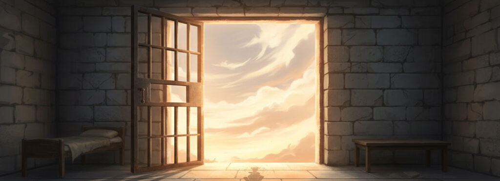 Dramatic illustration of an open prison cell door swung wide with warm honey-gold light pouring through from a vast pale open sky beyond cool gray bars