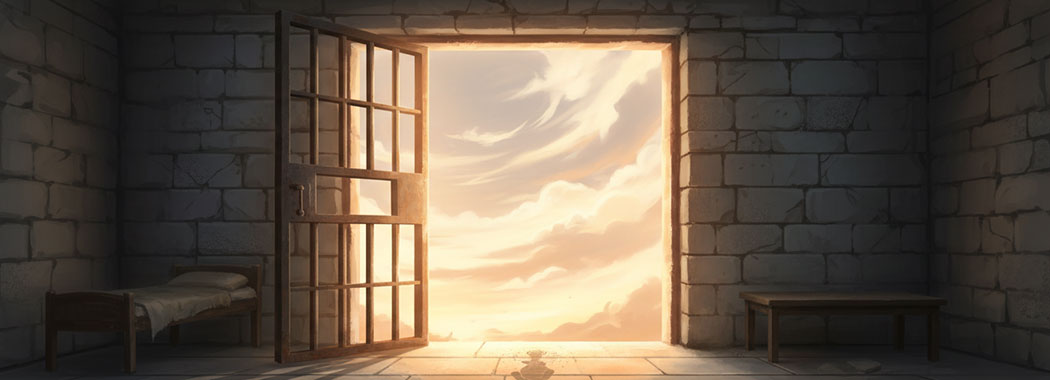 Dramatic illustration of an open prison cell door swung wide with warm honey-gold light pouring through from a vast pale open sky beyond cool gray bars