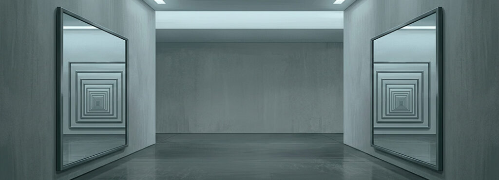 Illustration of two tall mirrors facing each other across an empty room, reflecting into a receding corridor of frames