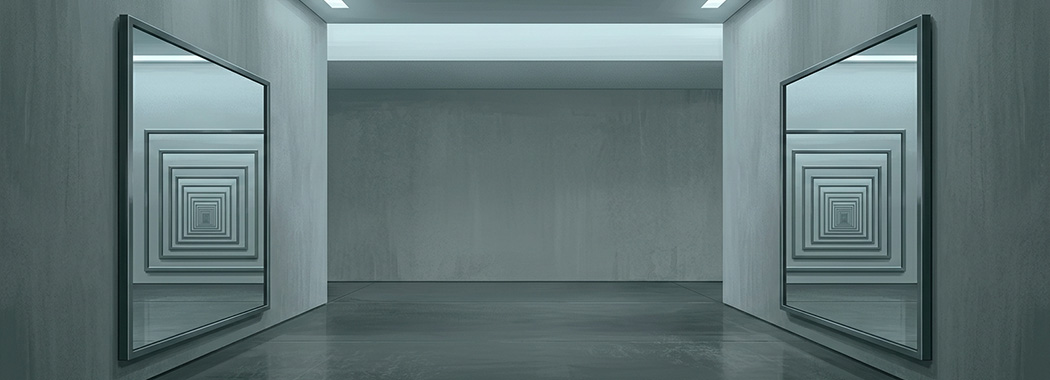 Illustration of two tall mirrors facing each other across an empty room, reflecting into a receding corridor of frames