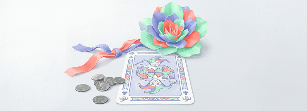 Illustration of a jester playing card on a pale surface with a paper flower unfolding behind it and scattered coins nearby