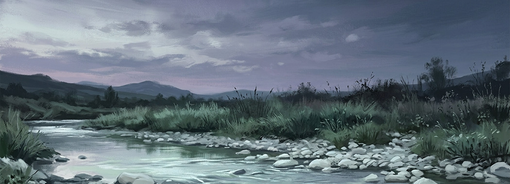 Illustration of a narrow stream running across pale stones under a deep dusk sky