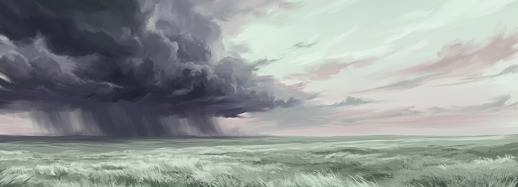 Illustration of a distant storm with rain falling in sheets over a flat plain, the rest of the sky clear and pale