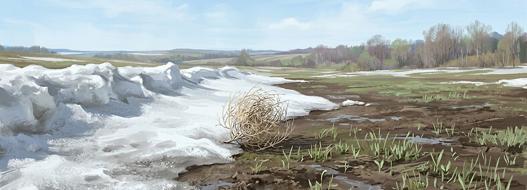 Illustration of a spring thaw with a wall of melting snow on one side, green shoots on the other, and a dried tumbleweed between them