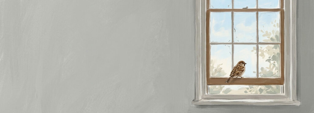 Illustration of a small brown sparrow perched on the lower crossbar of a tall window, daylight beyond the glass