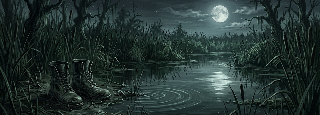 Illustration of a moonlit swamp with tall reeds and a pair of empty shoes standing upright in the mud at the water's edge