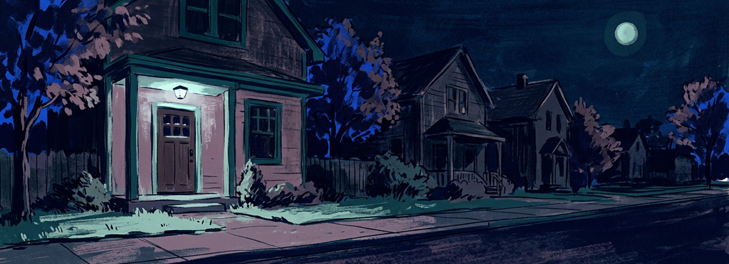 Illustration of a glowing porch light above a front door at night with a small dim moon overhead