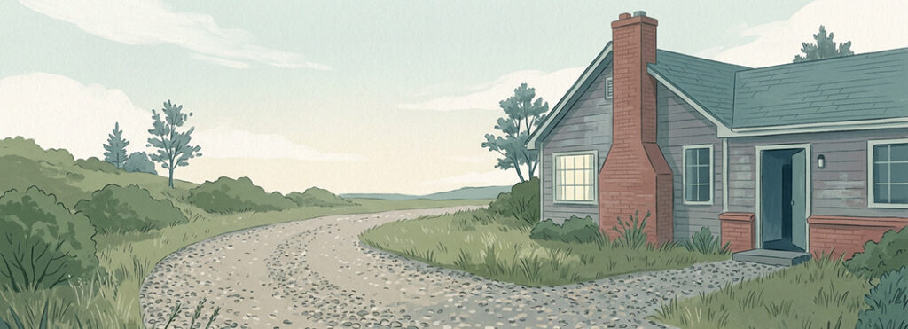 Illustration of a gravel driveway curving away from a house with a lit window on one side and an open front door on the other