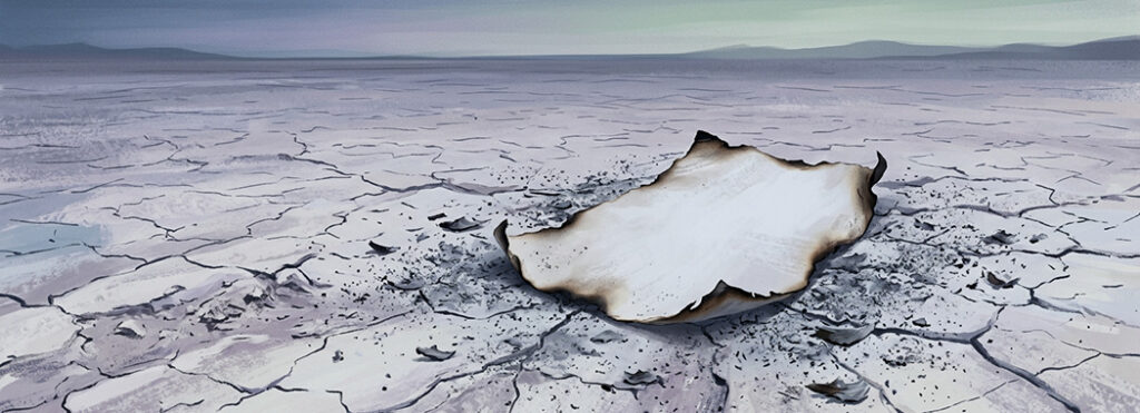 Illustration of a blank sheet of paper with blackened curling edges lying on cracked desert ground scattered with grey ash