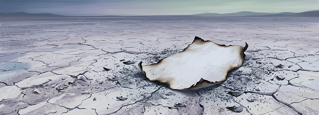 Illustration of a blank sheet of paper with blackened curling edges lying on cracked desert ground scattered with grey ash