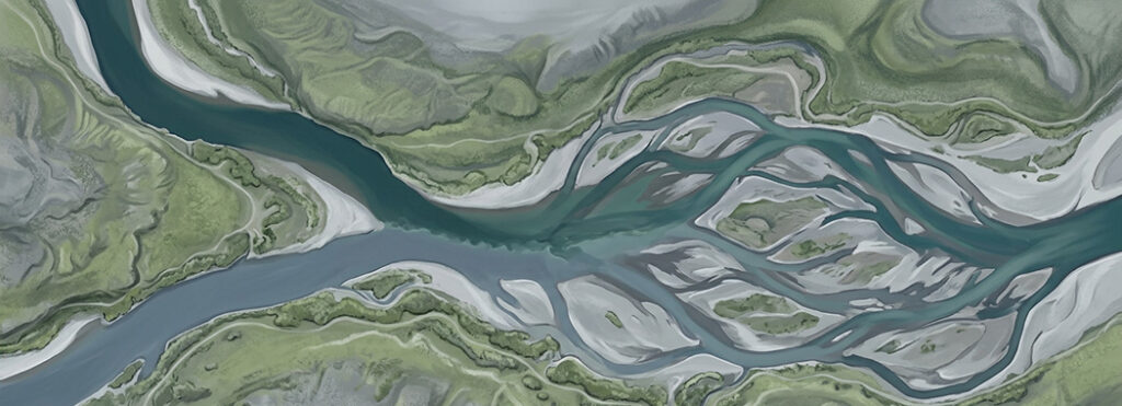 Aerial illustration of two rivers meeting and braiding into a single channel, seen from directly above
