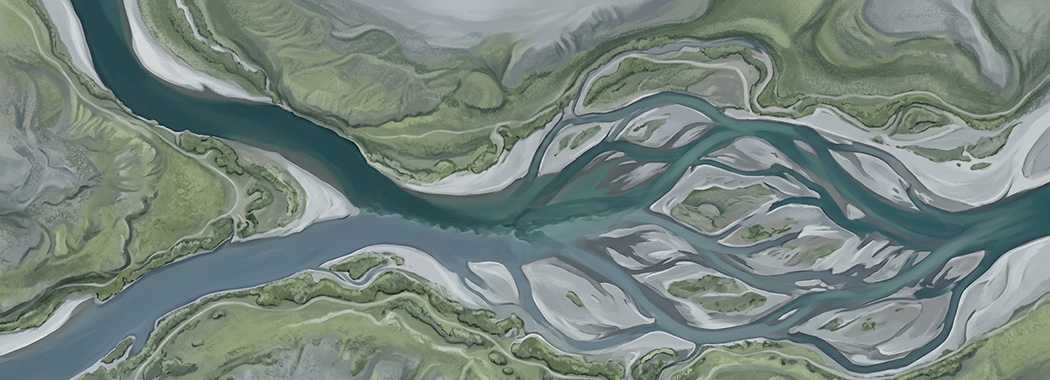 Aerial illustration of two rivers meeting and braiding into a single channel, seen from directly above