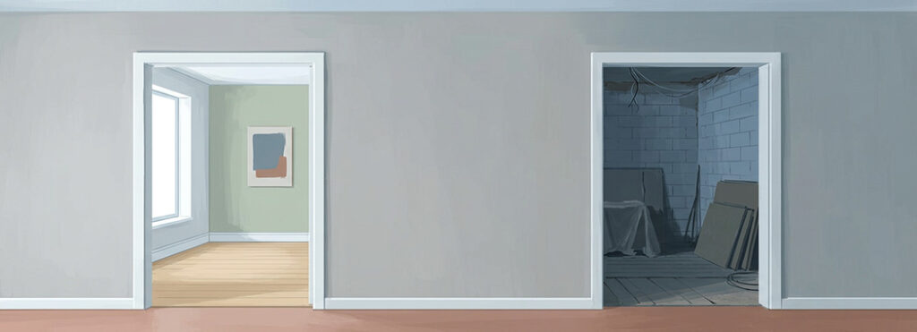 Illustration of two doorways side by side in a pale wall, one opening to a bright room and one to a dim one