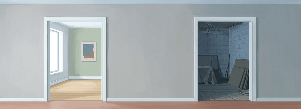 Illustration of two doorways side by side in a pale wall, one opening to a bright room and one to a dim one