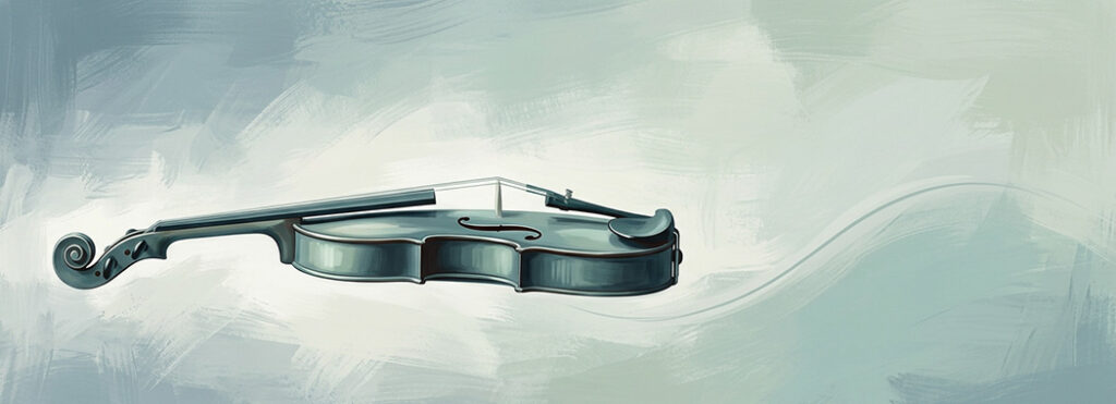 Illustration of the hourglass curve of a violin body in profile, its shape faintly echoed by a curved wave form behind it