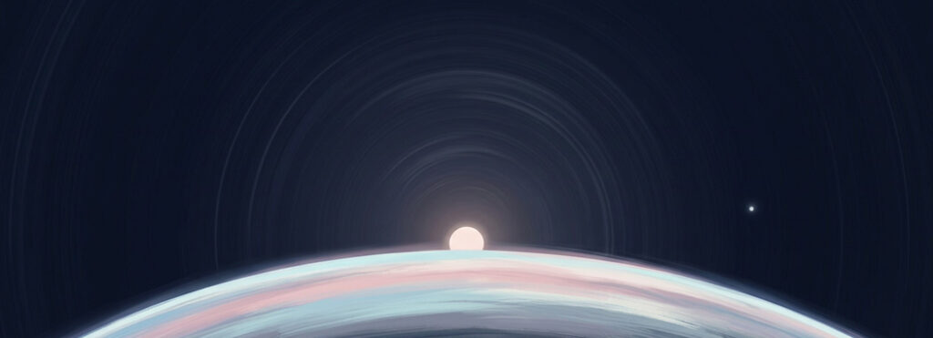 Illustration of a curved planetary horizon with a pale sun on its edge, faint motion rings above, and one steady point of light holding still