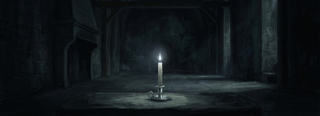 Illustration of a single lit candle standing alone in a vast dark interior, its pale flame throwing a small pool of light