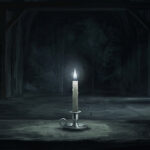 Illustration of a single lit candle standing alone in a vast dark interior, its pale flame throwing a small pool of light