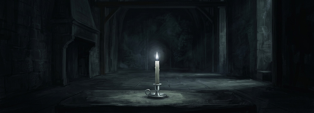 Illustration of a single lit candle standing alone in a vast dark interior, its pale flame throwing a small pool of light