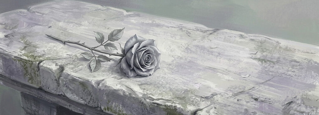 Illustration of a single silver-grey rose lying on weathered stone in cool light