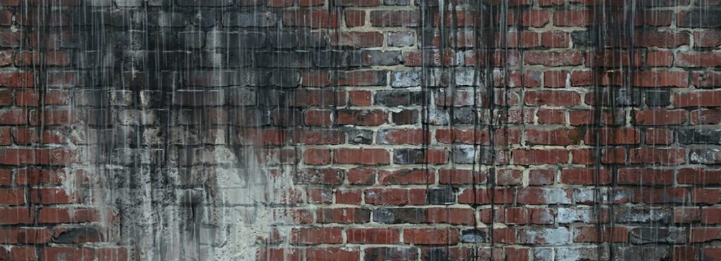 Illustration of a weathered red brick wall in the rain with a faint darker patch washing pale