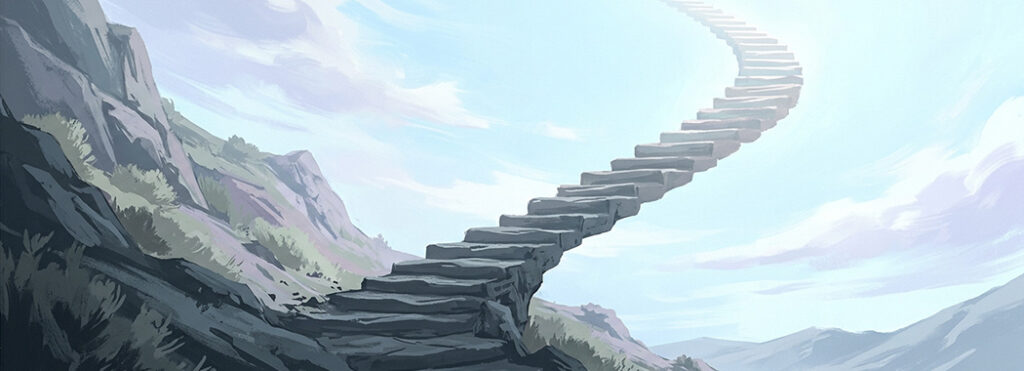 Illustration of stone steps ascending steeply out of shadow into bright open sky, the top steps dissolving into light