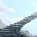 Illustration of stone steps ascending steeply out of shadow into bright open sky, the top steps dissolving into light