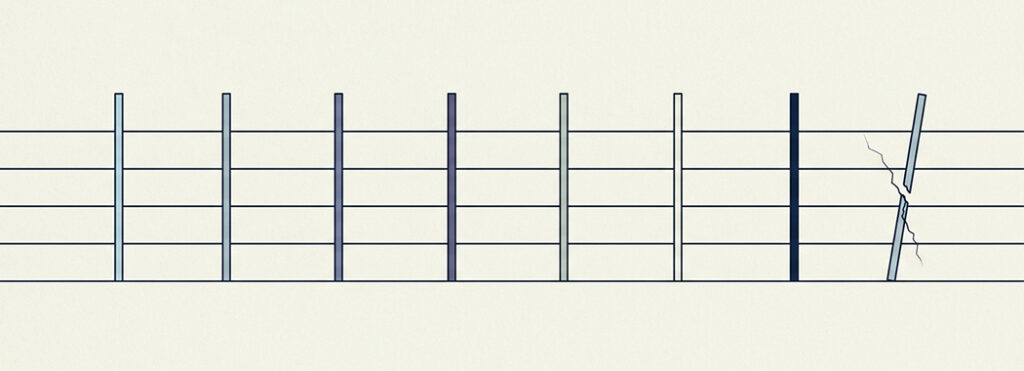 Illustration of a musical staff with eight note stems, the eighth cracked and tilted out of alignment