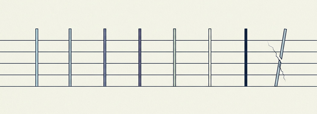 Illustration of a musical staff with eight note stems, the eighth cracked and tilted out of alignment