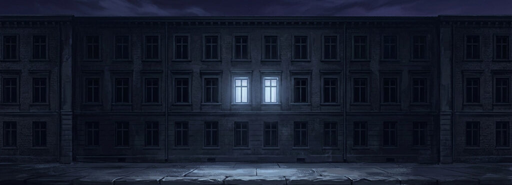 Illustration of a dark building facade at night with two windows lit side by side in pale cool light