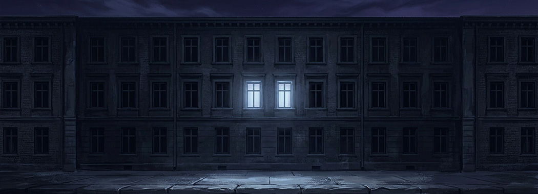 Illustration of a dark building facade at night with two windows lit side by side in pale cool light