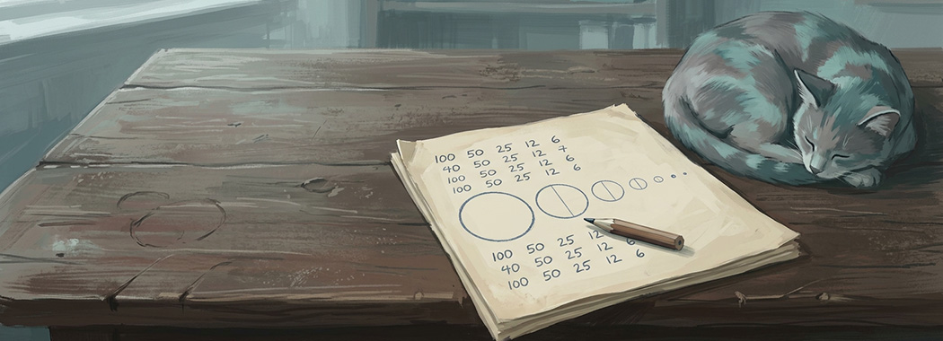 Illustration of a worn pencil resting on a page beside a row of circles halving in size, with a cat asleep at the edge of the desk